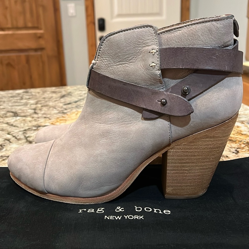Rag and Bone size 41, 3 1/2 inch heel taupe booties with chocolate strap and bag